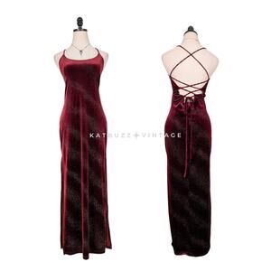 Vintage Velvet Prom Dress Maxi Gown M Red Corset 90s Y2K Goth Glam Vamp Grunge